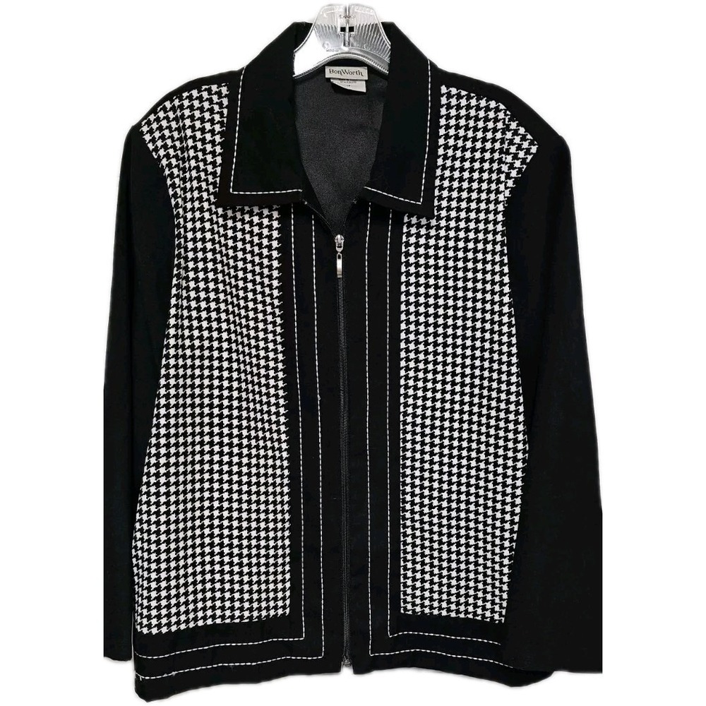 Bon Worth Womens LP Large Petite Black  Houndstooth‎ Zip Front Jacket EUC
